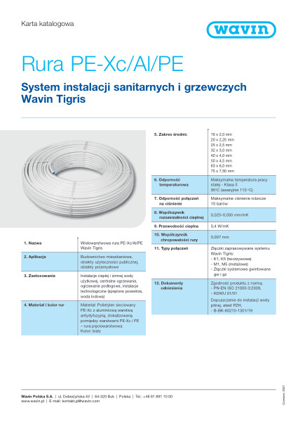 Karta katalogowa_Rura PE-Xc/AL/PE Wavin Tigris