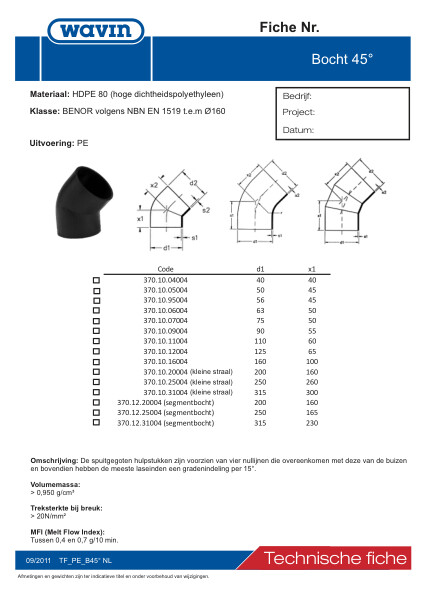 Technische fiche / Fiche technique PE Bocht/Coude 45°