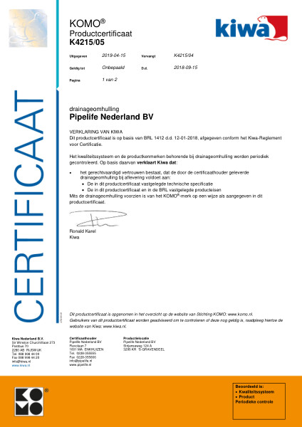 Certificaat KOMO K4215/05 Drainageomhulling