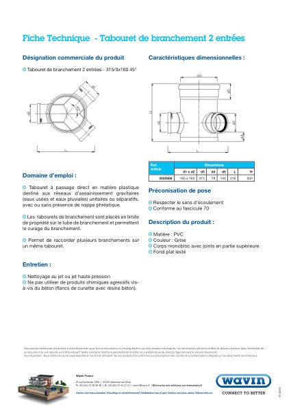 Fiche technique - Tabouret de branchement 2 entrées 