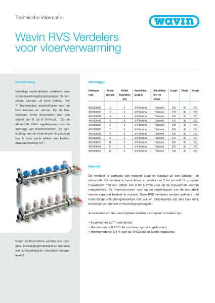 Technische informatie Wavin RVS Verdelers voor Vloerverwarming