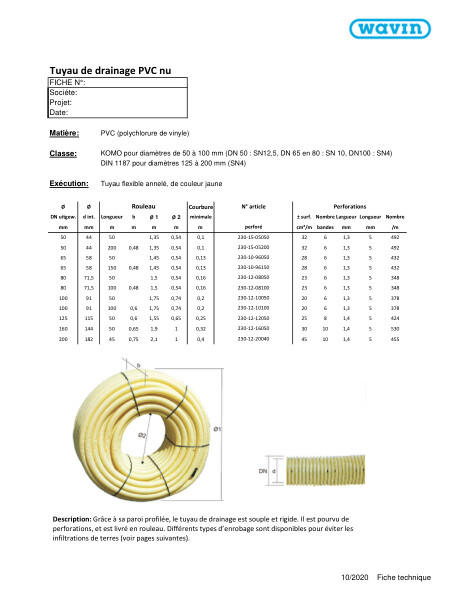 Fiche technique Tuyau de drainage PVC nu