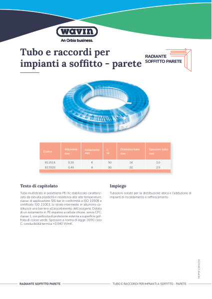 Scheda tecnica tubo e raccordi per impianti a soffitto - parete