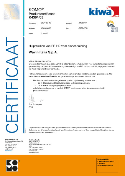 Certificaat KOMO K4364/05 Hulpstukken van PE-HD voor binnenriolering