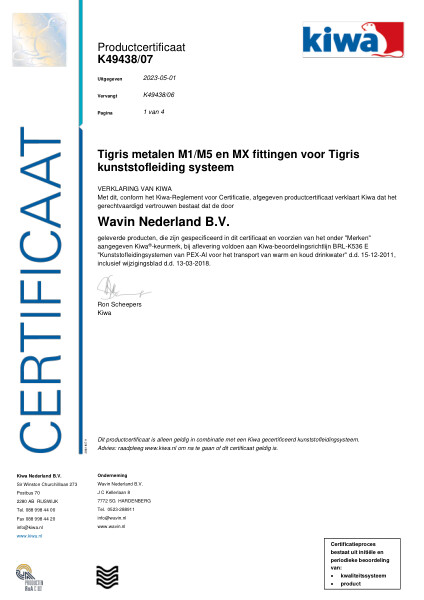 Certificaat Kiwa K49438/07 - Tigris metalen M1/M5 en MX fittingen voor Tigris kunststofleiding systeem