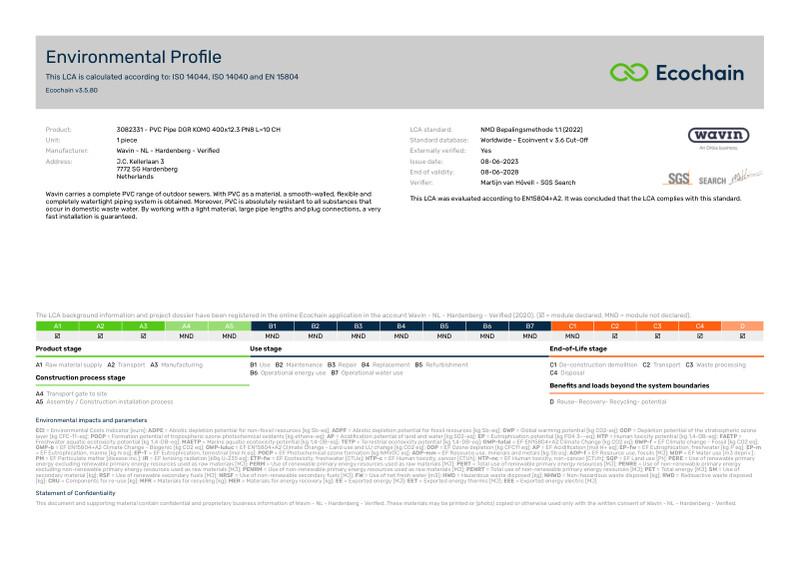 Wavin - NL - Hardenberg - Verified-3082331 - PVC Pipe DGR KOMO 400x12.3 PN8 L10 CH-2020-environmental-profile 2023-07-07 1126
