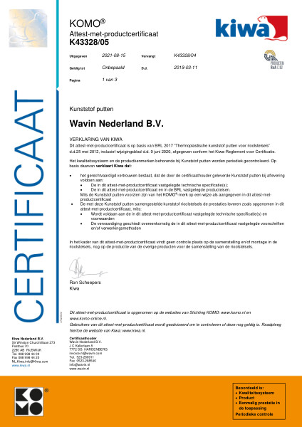 Certificaat KOMO K43328/05 Kunststof putten voor rioolstelsels