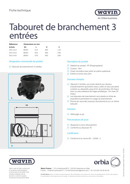 Fiche technique - Tabouret de branchement 3 entrées