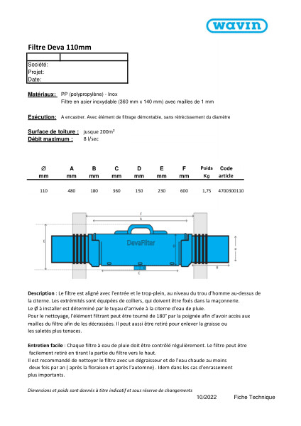 Fiche Technique Filtre Deva 110mm