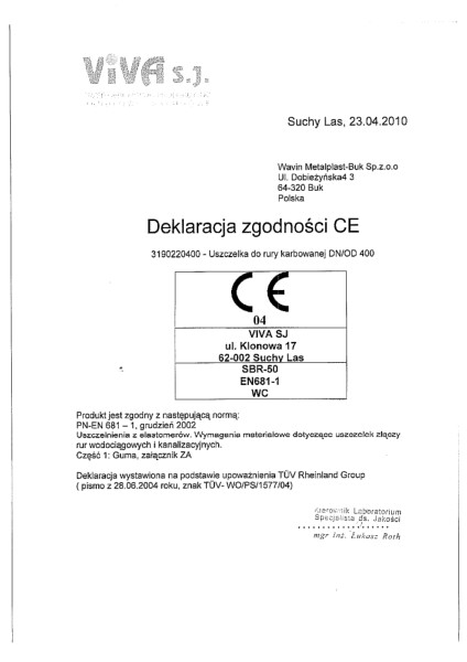 Deklaracja Zgodności  CE Uszczelka do rury trzonowej 400