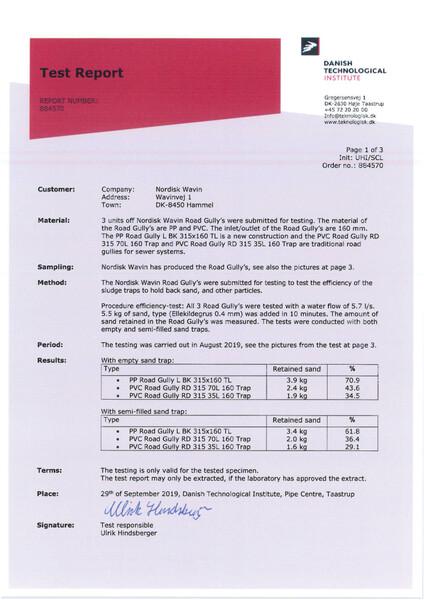 Testrapport Teknologisk Institut - TEGRA Rendestensbrønd