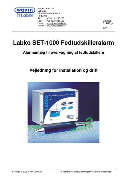 Labko SET-1000 Fettutskilleralarm - installasjonsveiledning