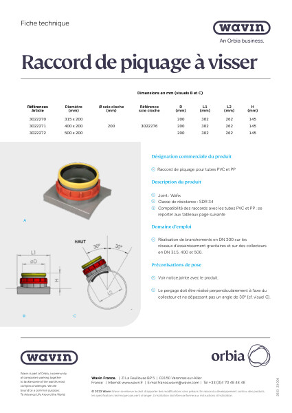 Fiche technique - Raccord de piquage à visser