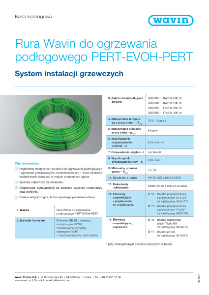 Zielona Rura Wavin PERT-EVOH-PERT do ogrzewania podłogowego_karta katalogowa