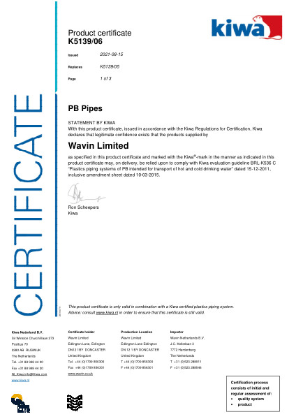 Certificaat Kiwa K5139/06 PB Pipes