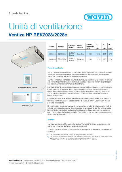 Scheda Tecnica Unità di Ventilazione Ventiza HP REK2028/2028e