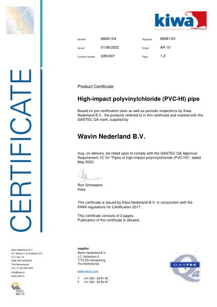 Certificaat GASTEC QA Q95/007 K68281/04 High-impact polyvinylchloride (PVC-HI) pipe