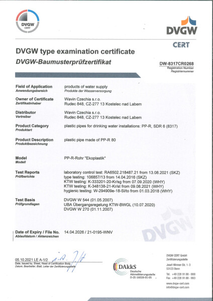 Certificato DVGW Tubi e Raccordi in PPr