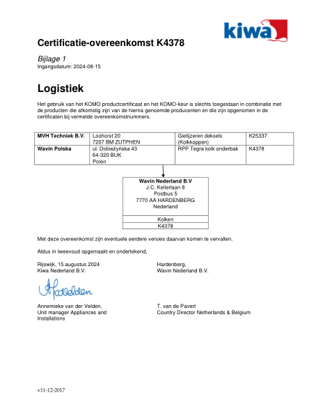 Certificaat KOMO K4378 Logistiek kolken