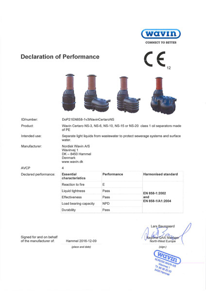 Ydeevnedeklaration - Wavin Certaro NS class 1 oil separators - DoP in accordance with EN 858-1 – Vers.3