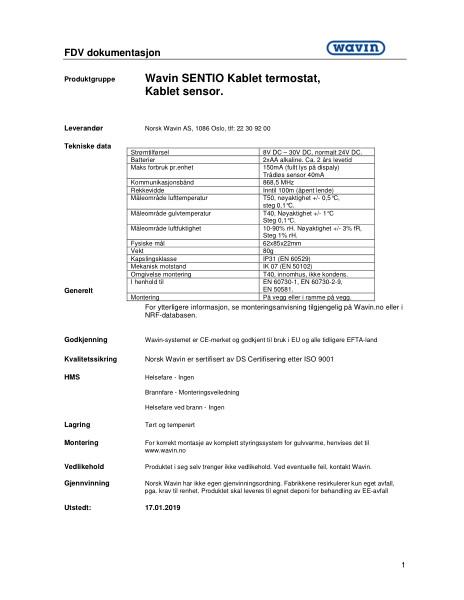 Wavin FDV Sentio kablet termostat, kablet sensor