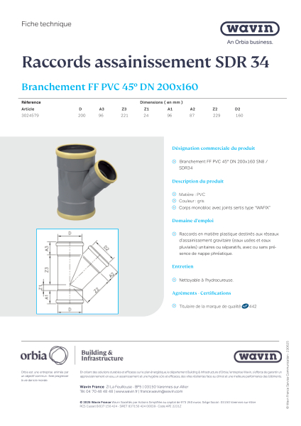 Fiche technique SDR34 Branchement FF PVC 45° DN 200x160