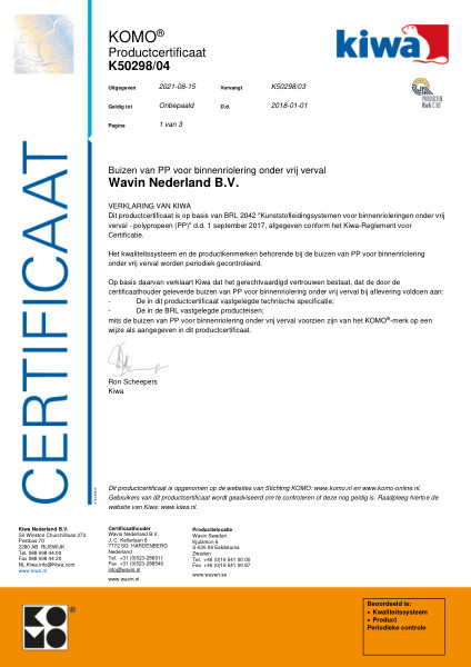 Certificaat KOMO K50298/04 Buizen voor binnenriolering onder vrij verval - PP (copolymeer)