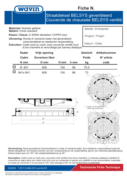 Technische fiche straatdeksel BELSYS geventileerd / Fiche technique couvercle de chaussée ventilé