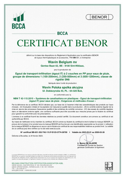 Certificat BENOR PP NBN T42-115 Egout de transport-infiltration (égout IT) à 2 couches en PP pour eaux de pluie D1, D2 et D3 - Valable au 28.02.2026