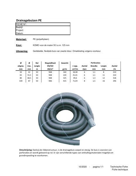 Technische fiche / Fiche technique Drainagebuizen PE / Tuyau de drainage PE