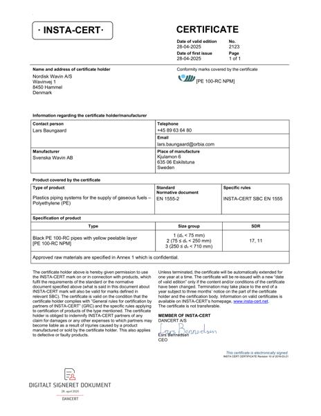 Godkendelse - No. 2123 - Plastics piping systems for the supply of gaseous fuels – Polyethylene (PE)