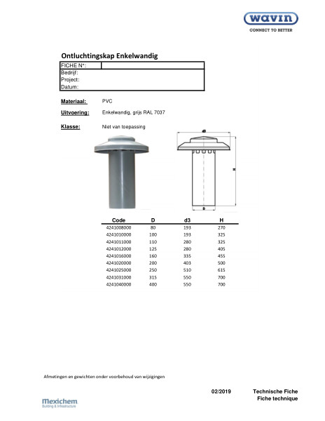 Technische fiche / Fiche technique Ontluchtingskap Enkelwandig/Chapeau d’aération plane simple