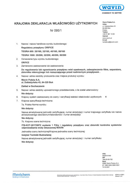 Archiwum_KDWU 095/1 Regulatory przepływu Orifice 09.01.2018-25.04.2019