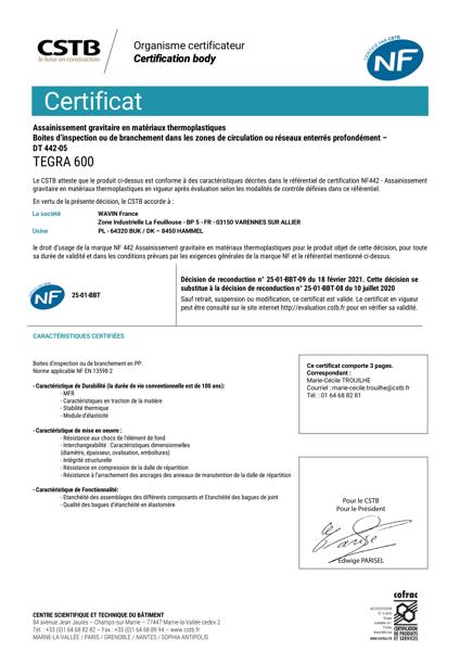 Certificat NF 442 - Tegra 600 - Buk - Hammel