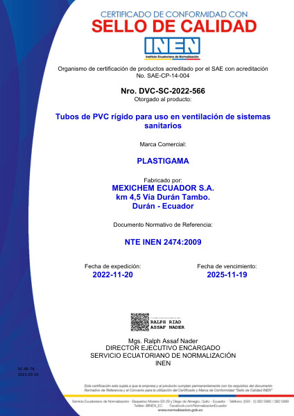 Sello Tubo PVC Ventilación INEN 2474