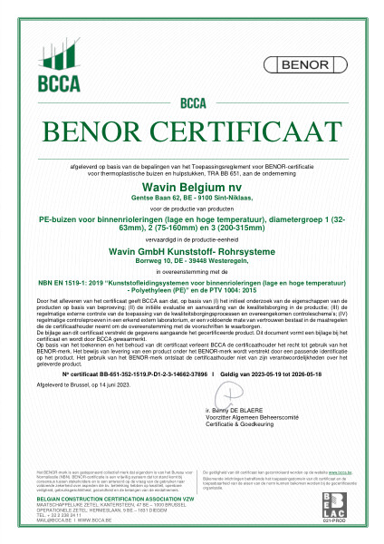 Certificaat BENOR PE NBN EN 1519-1 PE-buizen voor binnenrioleringen (lage en hoge temperatuur) D1, D2 en D3 - Geldig tot 18.05.2026