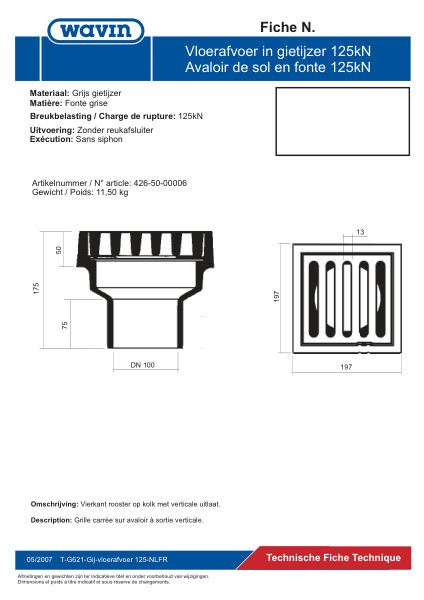 Technische fiche Gietijzer vloerafvoer 125kN / Fiche technique avaloir de sol