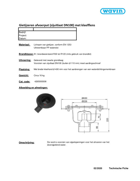 Technische fiche Gietijzeren afvoerput (zijuitlaat DN100) met kleefflens