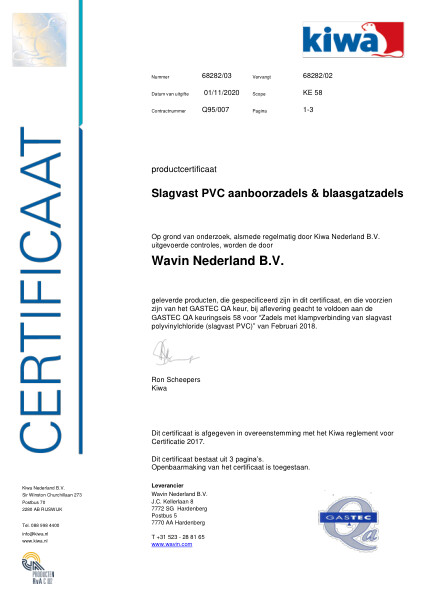 Certificaat GASTEC QA Q95/007 K68282/03 Slagvast PVC aanboorzadels en blaasgatzadels voor gasleidingen