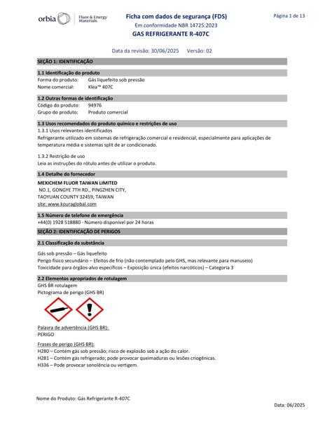 FDS - Gás refrigerante R-407C