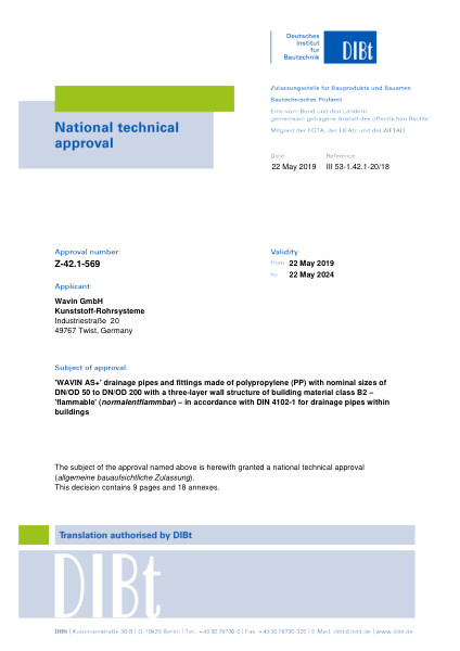 Certificaat DIBT National technical approval Z-42.1-569 DIN 4102-1 AS+ Buizen en fittingen DN50 - DN200 - Geldig tot 22-05-2024