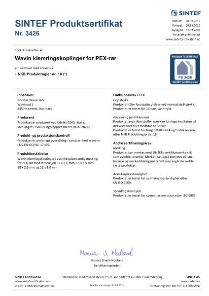 Godkjennelse - No. 3426 - Wavin klemringskoplinger for PEX-rør