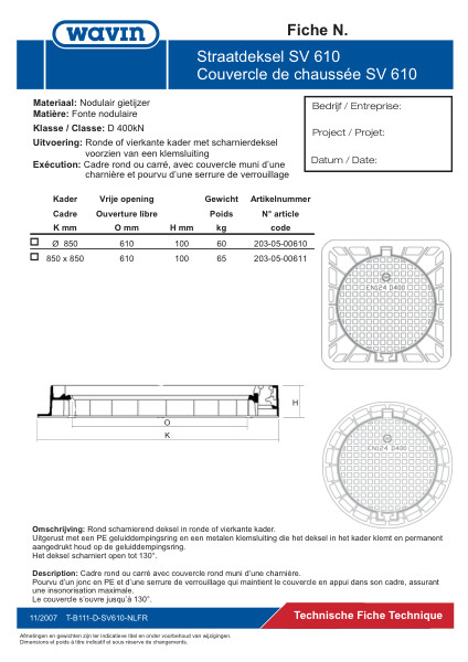 Technische fiche straatdeksel / Fiche technique couvercle de chaussée SV 610 D=400kN