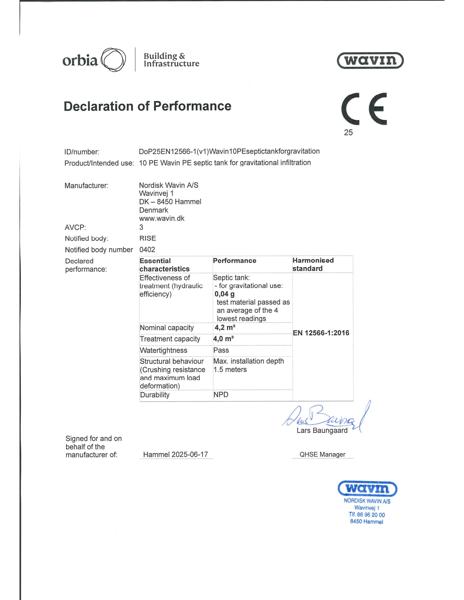 Declaration of Performance (DoP) - EN 12566-1 :2016 - 10 PE Wavin PE septic tank for gravitational infiltration