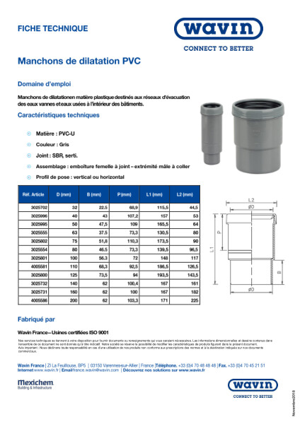 Fiche technique - Manchon de dilatation PVC