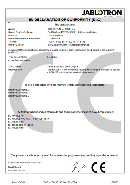 Declaration of conformity - Sentio expansion unit 8 outputs EU-208-A