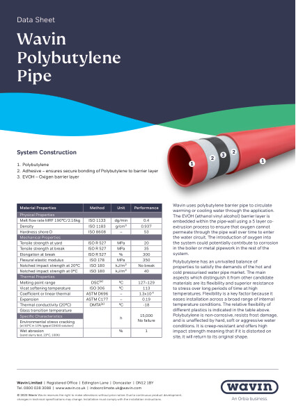 Wavin Comfia Barrier Pipe Data Sheet