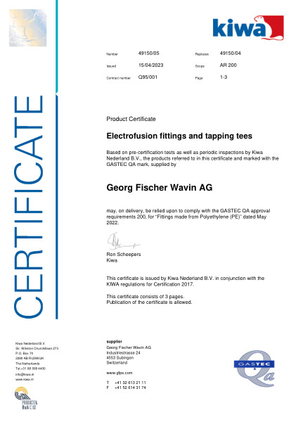 Certificaat GASTEC QA Q95-001 K49150/05 Electrofusion fittings and tapping tees