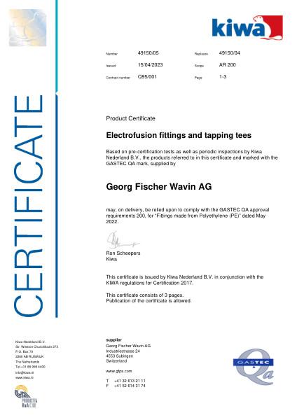 Certificaat GASTEC QA Q95-001 K49150/05 Electrofusion fittings and tapping tees