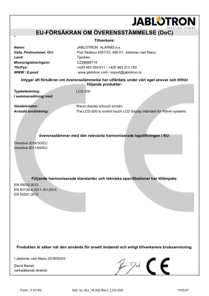Försäkran om överensstämmelse (DoC) - Wavin display w touch screen LCD-200